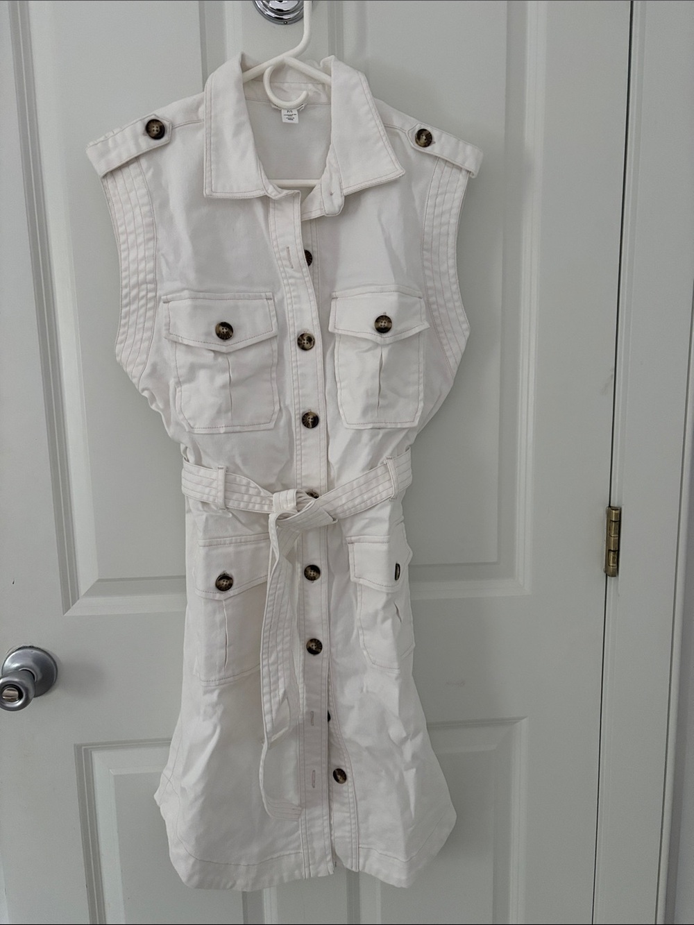 Sleeveless White Tribal Denim Dress with Belt